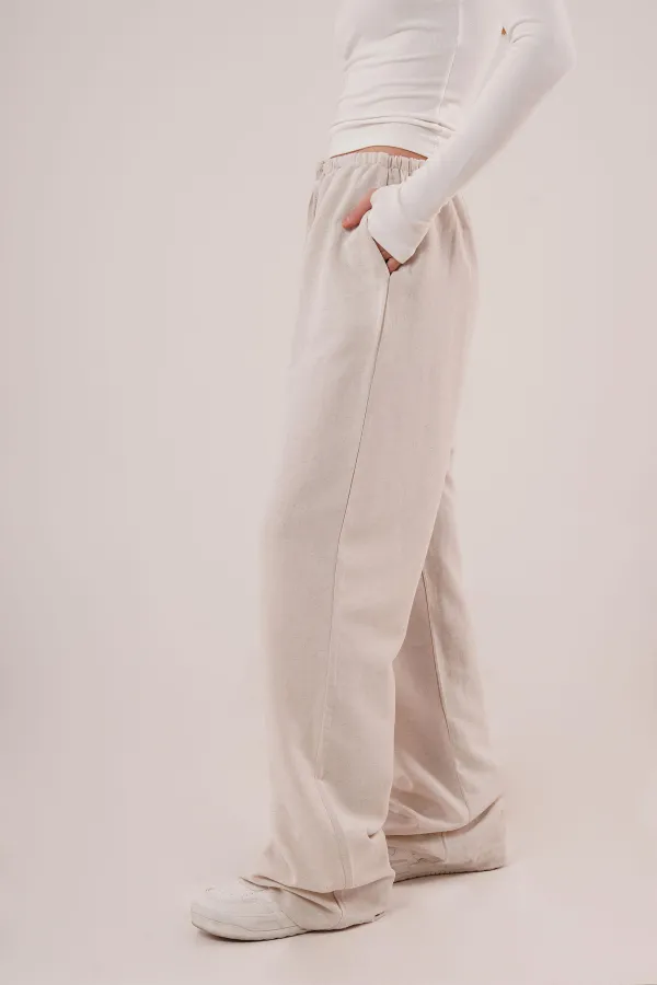 Cepli Bağlama Detaylı Keten Toptan Ekru Pantolon