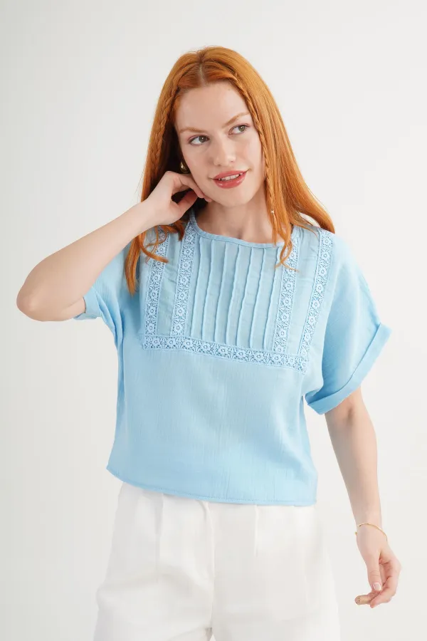 Ön Dantel Detaylı Toptan Mavi Bluz