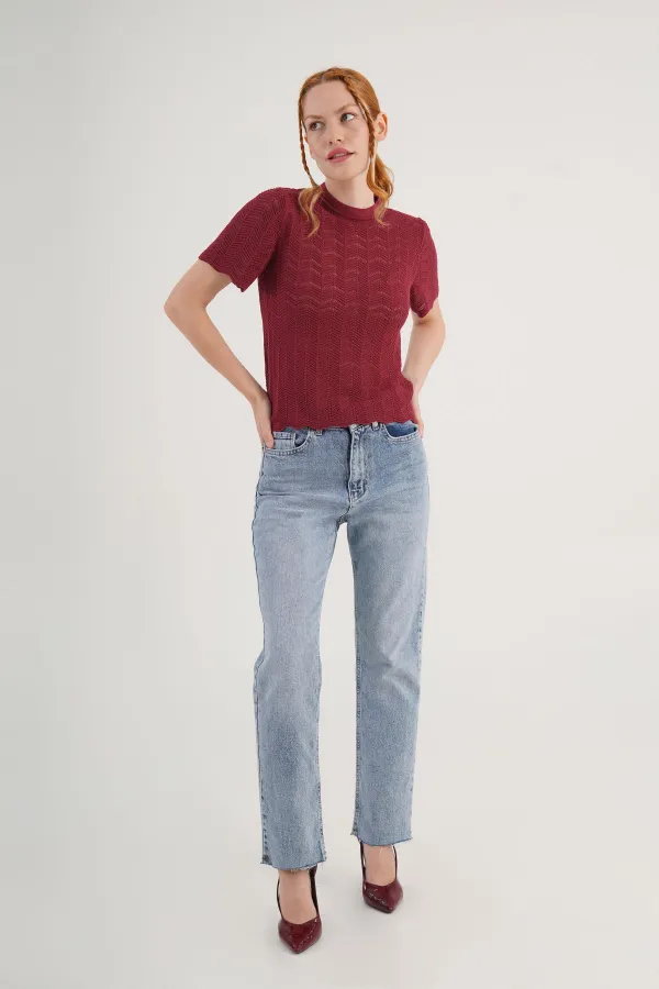 Örgü Model Kısa Kol Toptan Bordo Triko Bluz