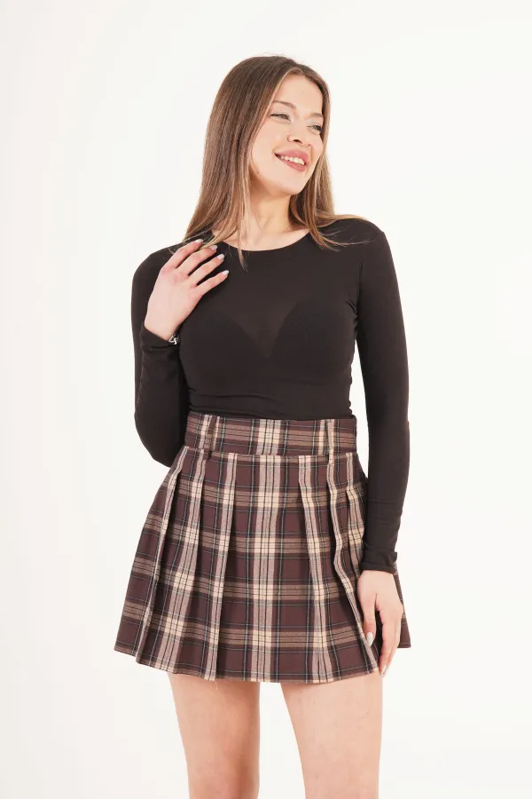 Pileli Yüksek Bel Astarı Şortlu Toptan Taş Mini Etek