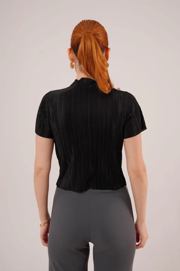 Fitilli Kısa Kollu Parlak Toptan Siyah Bluz