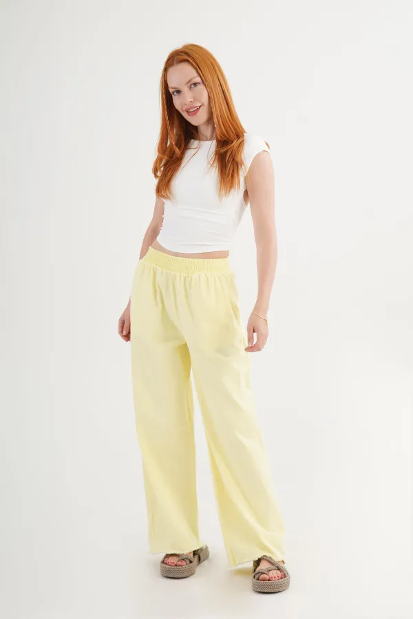 Wholesale Yellow Trousers with Elastic Waistband and Pocket Detail