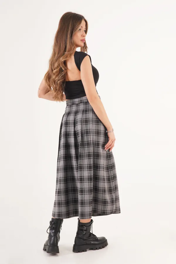 Kemer Detaylı Yan Yırtmaçlı Gri Ekose Toptan Uzun Etek