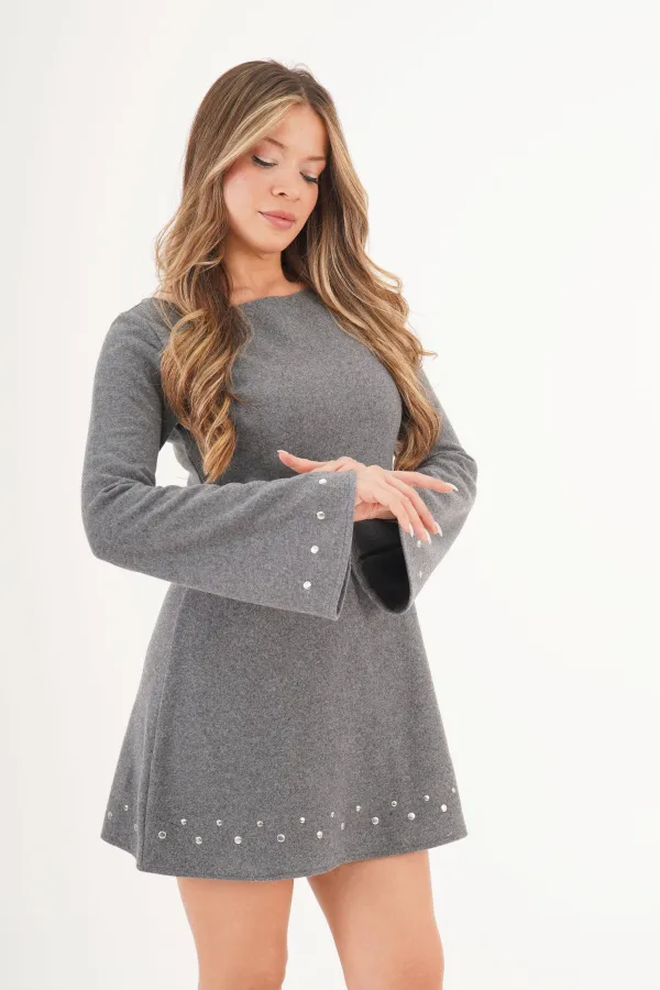 Selanik Örgü Taşlı Toptan Gri Elbise