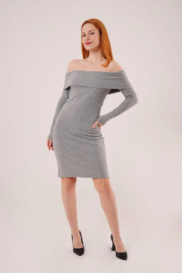 Madonna Collar Corduroy Wholesale Gray Knit Dress