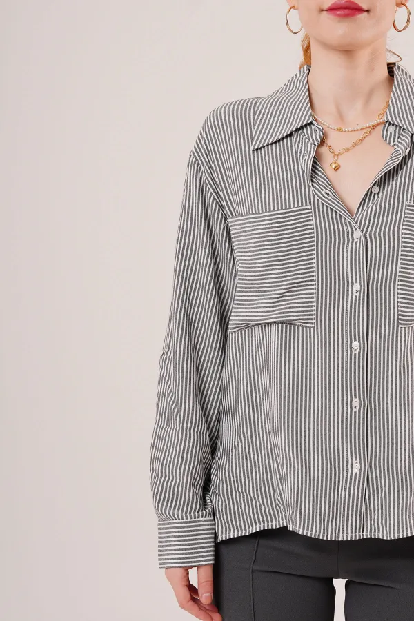 Yarasa Kol Çizgili Cep Detaylı Toptan Gri Gömlek