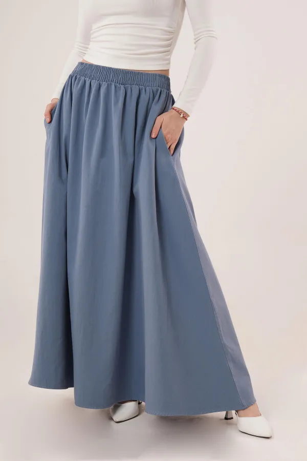 Bel Lastikli Cep Detaylı Uzun Mavi Toptan Etek