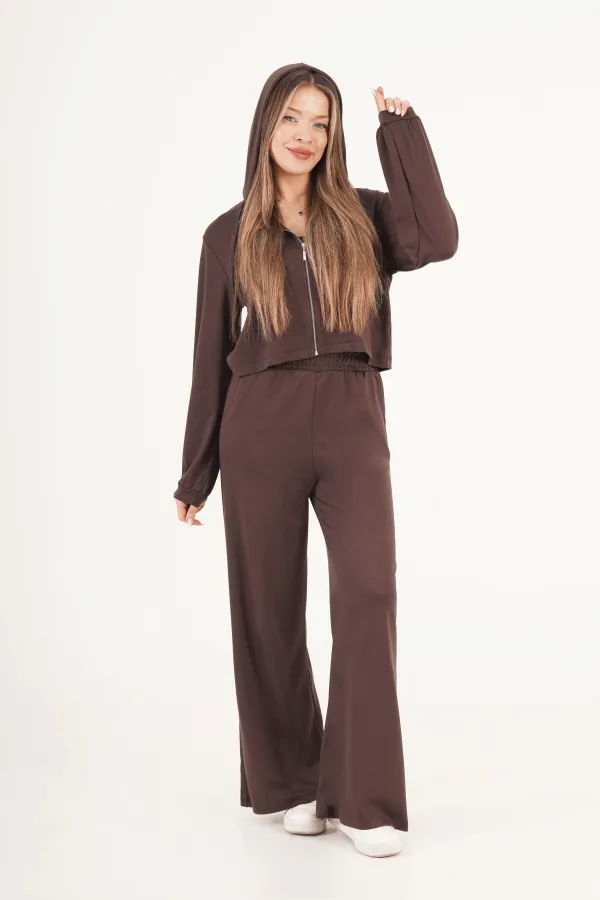 Modal Hırka Pantolon Crop Kahve Toptan Üçlü Takım