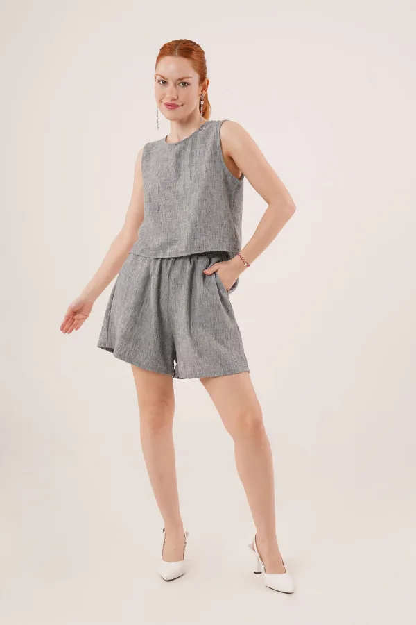 Arkası Düğme Detaylı Bluz Ve Cepli Şort İkili Toptan Antrasit Takım