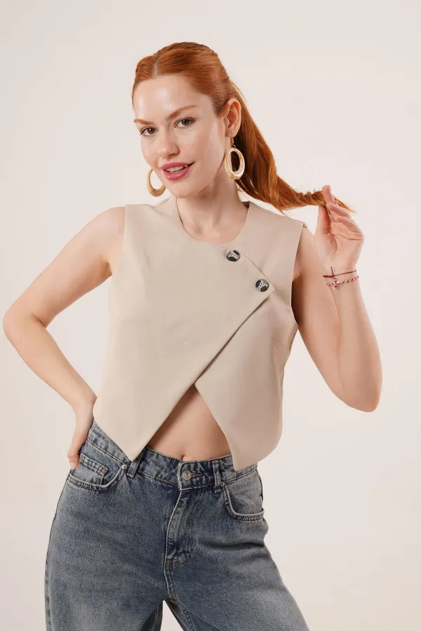 Double Buttoned Cross Model Beige Wholesale Vest