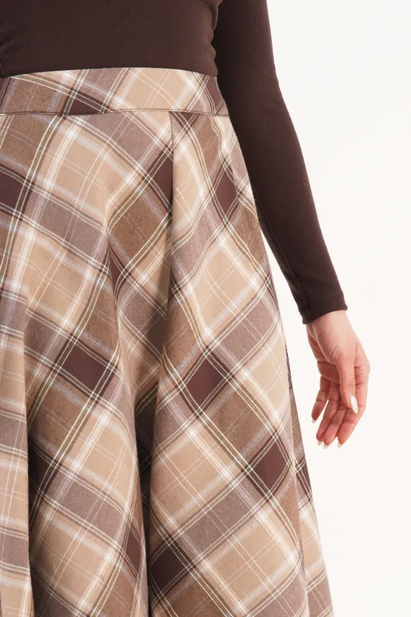 Kareli Yüksek Bel Trend Bej Toptan Etek