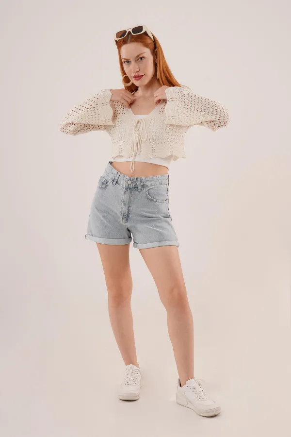 Ön Bağlamalı Ajurlu Crop Toptan Krem Hırka