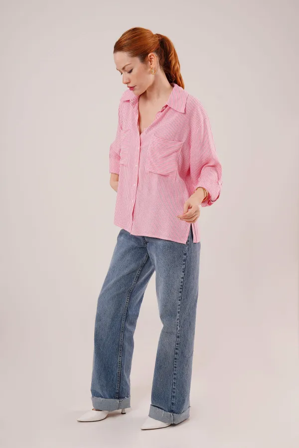 Yarasa Kol Çizgili Cep Detaylı Toptan Pembe Gömlek