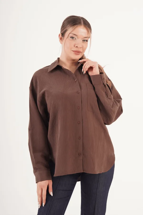 Çizgili Dökümlü Toptan Kahve Gömlek