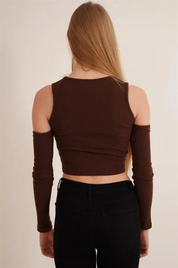 Omuz Detaylı Bisiklet Yaka Toptan Bluz Kahverengi