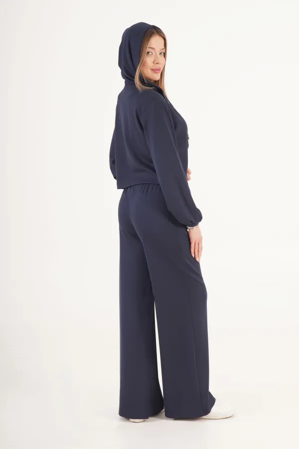 Modal Hırka Pantolon Crop Lacivert Toptan Üçlü Takım