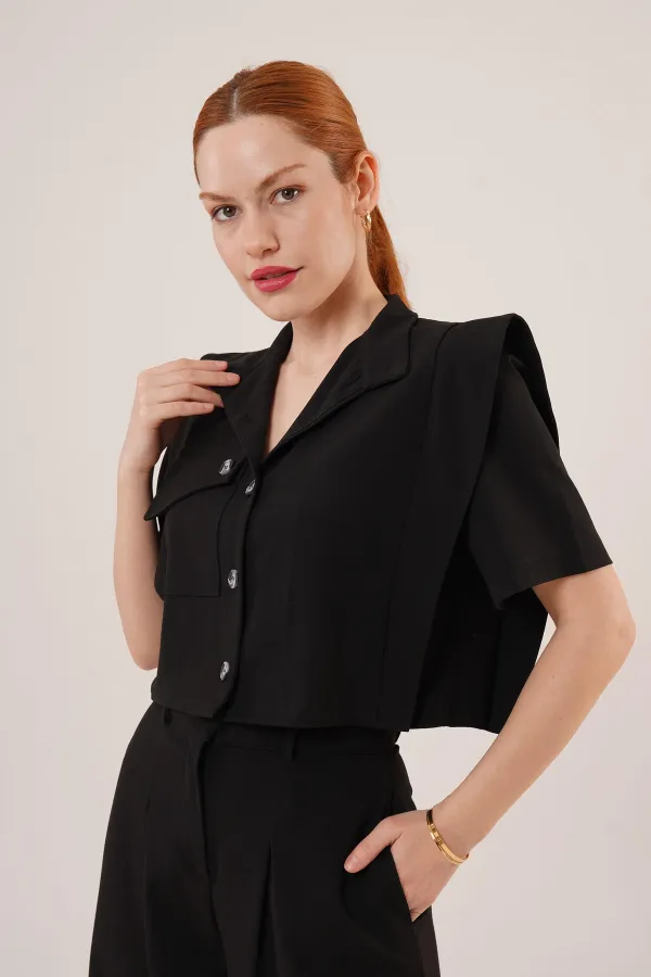 Cepli Düğmeli Bluz Ve Diz Detaylı Pantolon Siyah Toptan İkili Takım