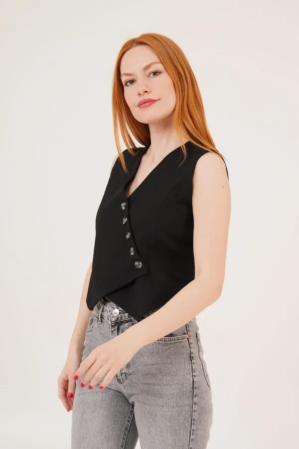 V-Neck Buttoned Triangle Cut Wholesale Black Vest
