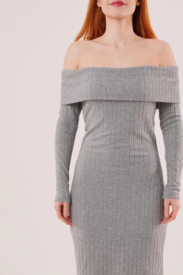 Madonna Collar Corduroy Wholesale Gray Knit Dress