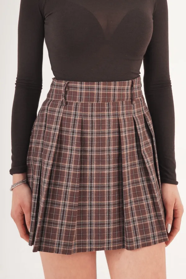 Pileli Yüksek Bel Astarı Şortlu Toptan Kahve Mini Etek