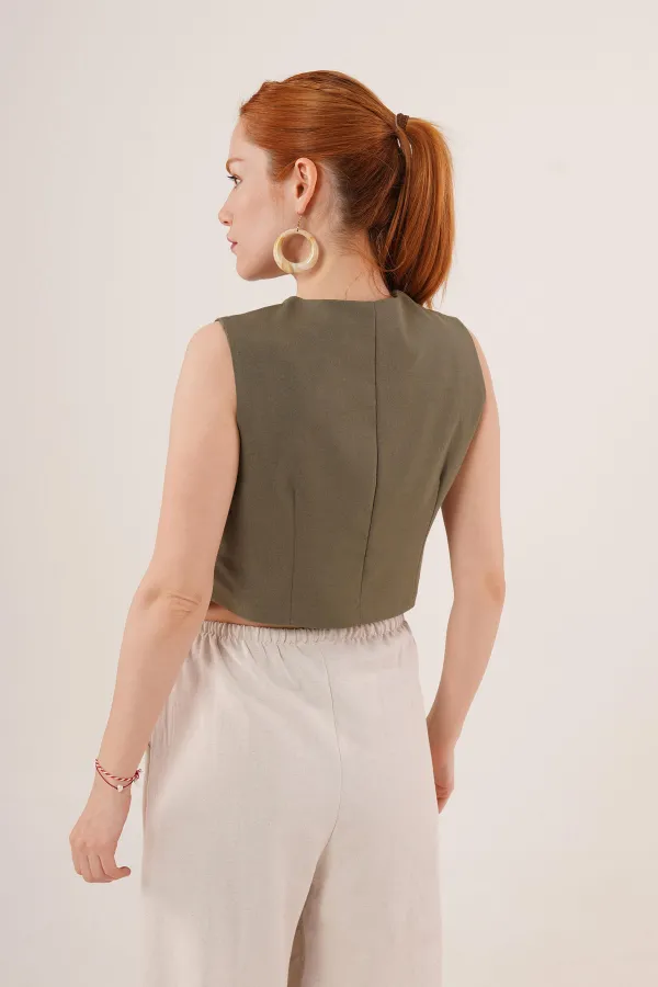 Çift Düğmeli Çapraz Model Haki Toptan Yelek