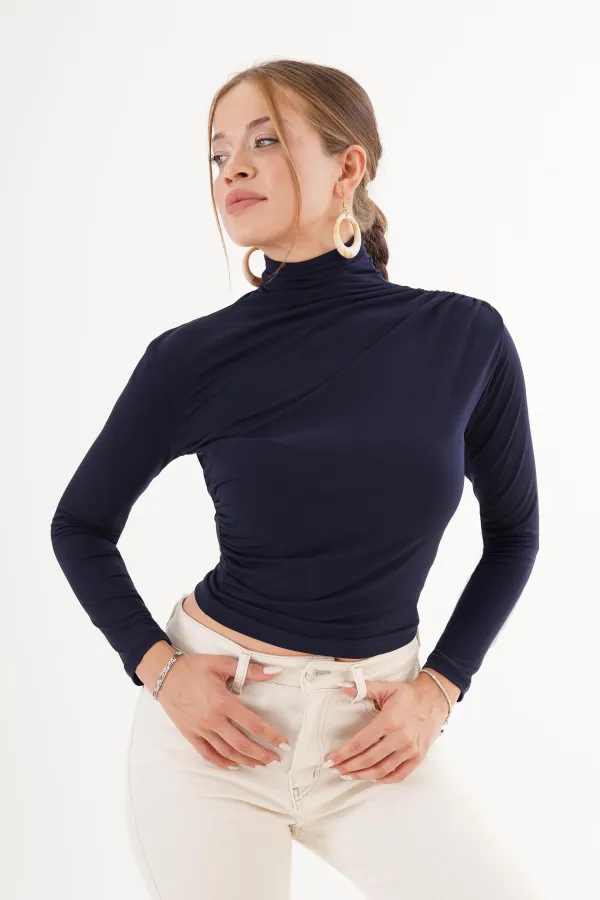 Omuz Ve Bel Büzgülü Dik Yaka Toptan Lacivert Bluz