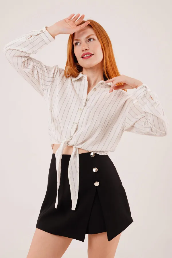 Kol Detaylı Bağlamalı Çizgili Toptan Beyaz Gömlek