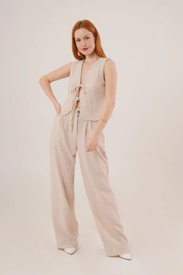 Ön Bağlama Detaylı Yelek Ve Pantolon Taş Toptan İkili Takım