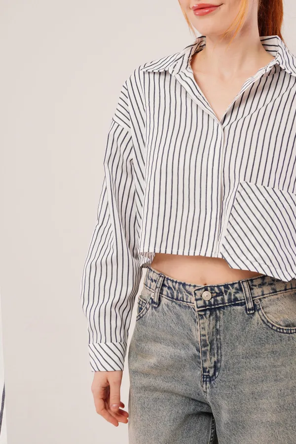 Crop Model Cepli Ve Çizgili Beyaz Toptan Gömlek