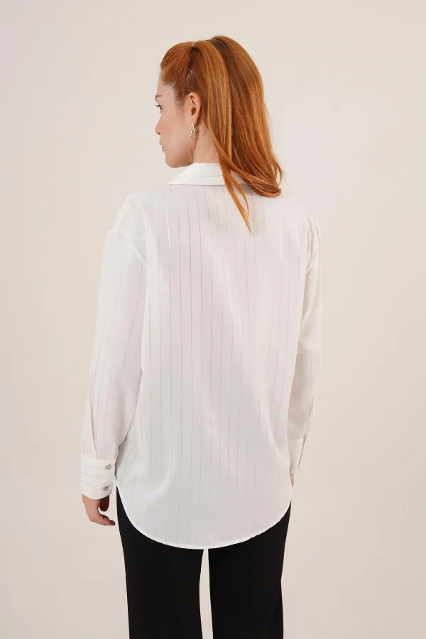 Gümüş Çizgili Düğmeli Beyaz Toptan Gömlek