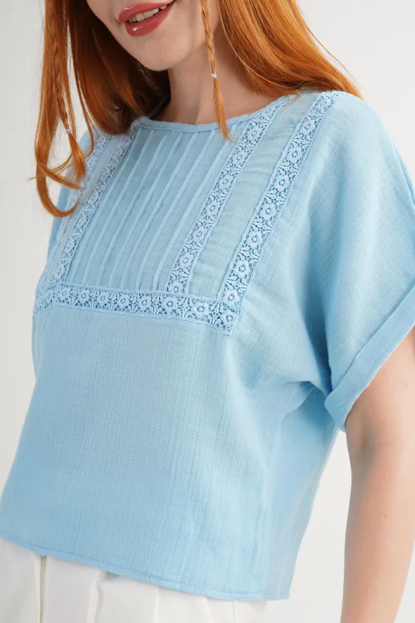 Ön Dantel Detaylı Toptan Mavi Bluz