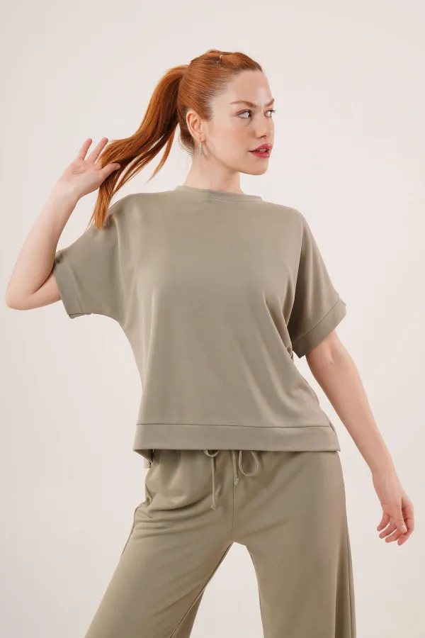 Modal Kısa Kollu Üst Ve Geniş Paça Eşofman İkili Toptan Yağ Yeşili Takım