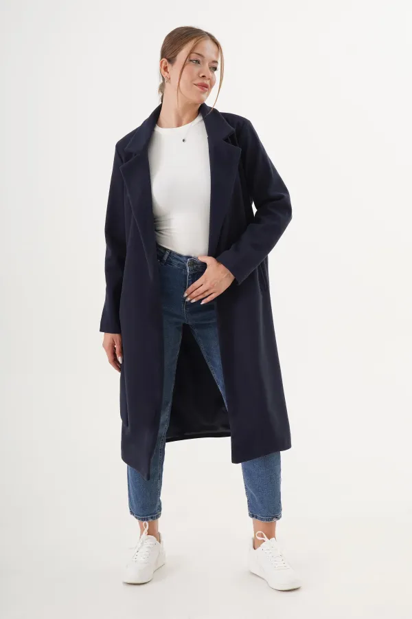 Wholesale Navy Blue Cashmere Coat with Belt and Lining