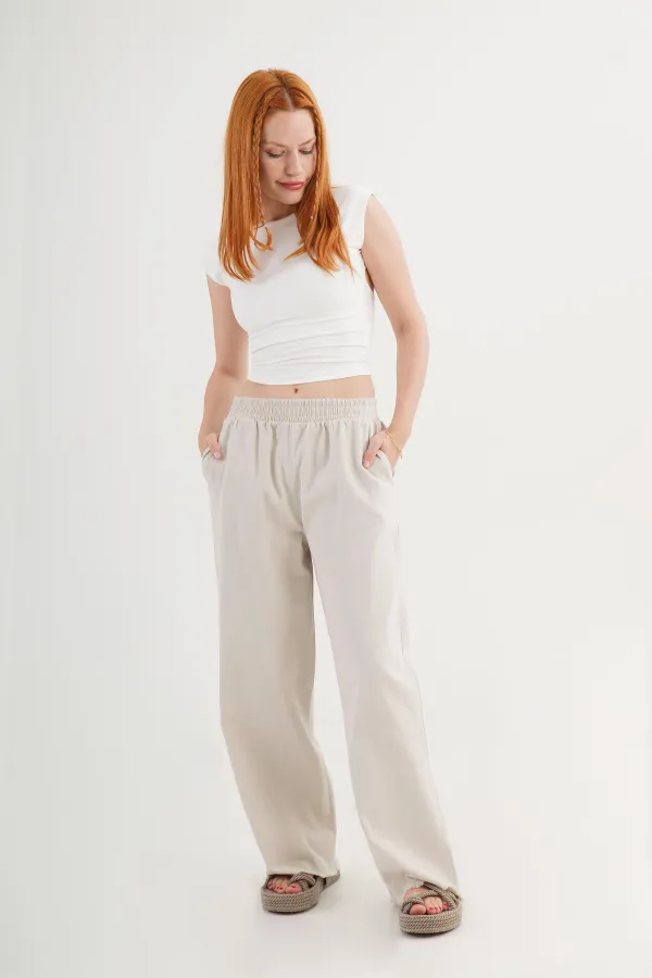 Bel Lastikli Paça Detaylı Cepli Toptan Taş Pantolon