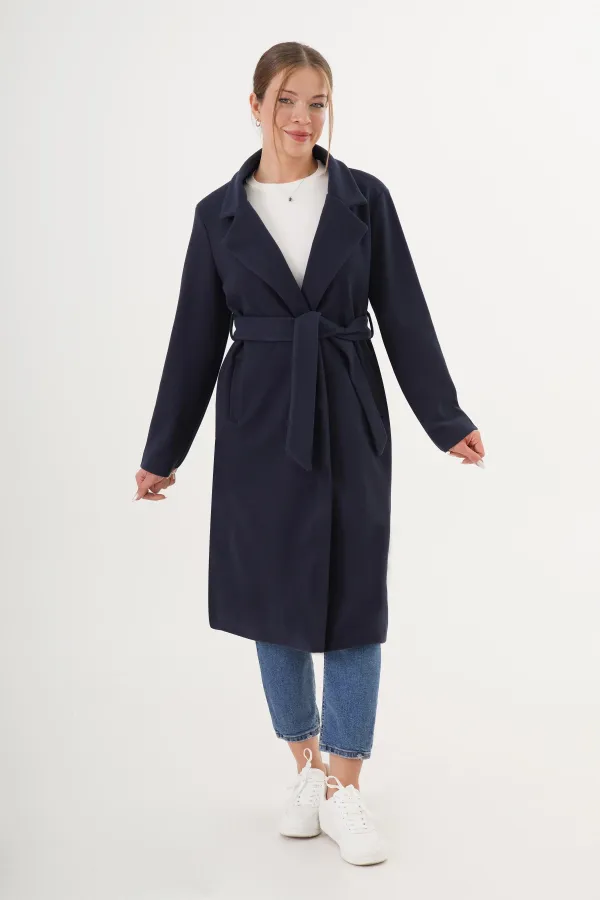 Wholesale Navy Blue Cashmere Coat with Belt and Lining