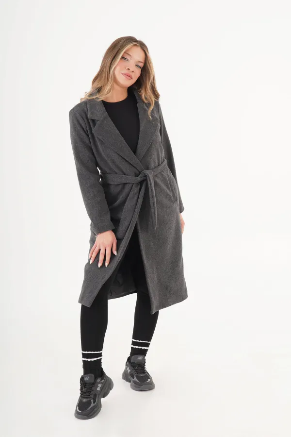 Beli Kuşaklı Astarlı Toptan Antrast Kaşe Kaban