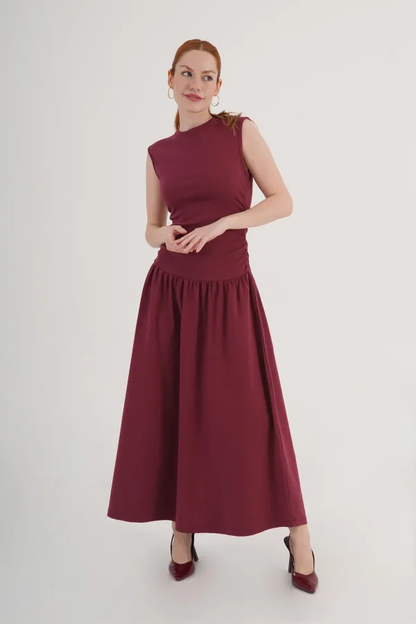Beli Büzgülü Bordo Toptan Elbise