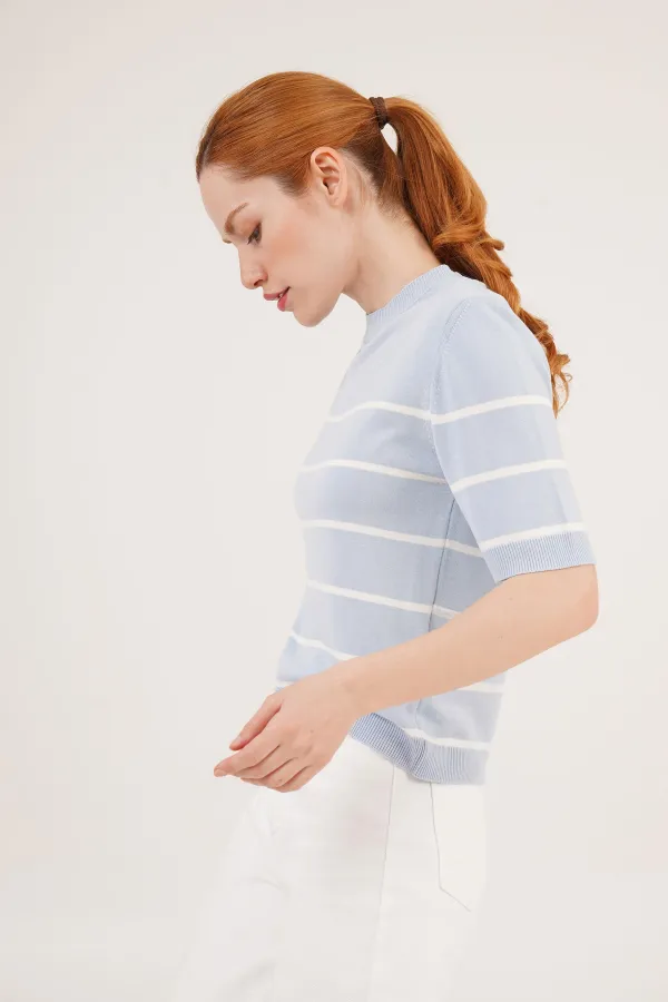 Çizgili Kısa Kol Bebe Mavisi Toptan Bluz