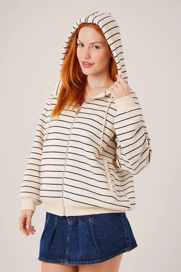 Kapüşonlu Fermuarlı Çizgili Toptan Taş Hırka