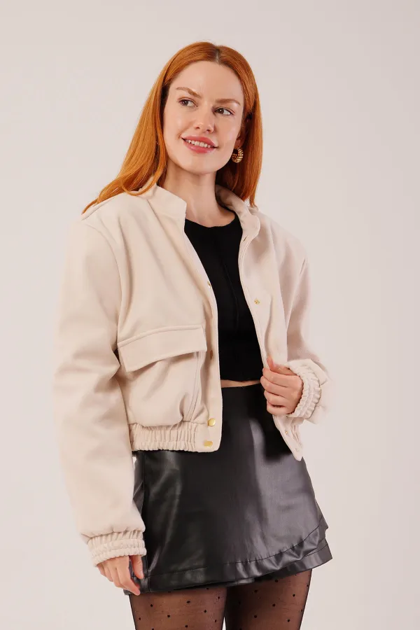 Gold Düğmeli Kaşe Toptan Bej Bomber Ceket