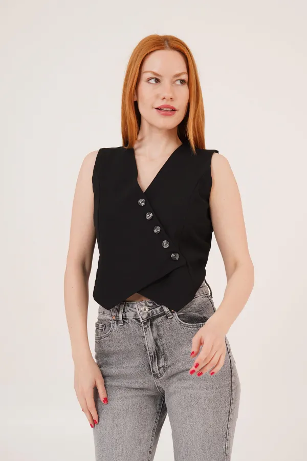 V-Neck Buttoned Triangle Cut Wholesale Black Vest