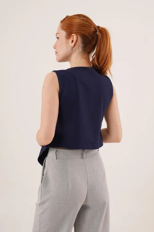 Çapraz Model Düğmeli Lacivert Toptan Yelek