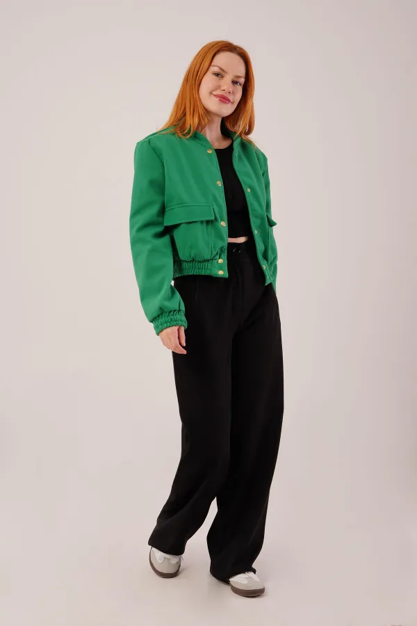 Gold Düğmeli Kaşe Toptan Yeşil Bomber Ceket