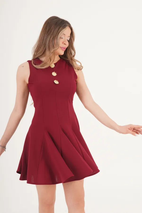 Pilili Kloş Kesim Gold Detay Bordo Toptan Elbise