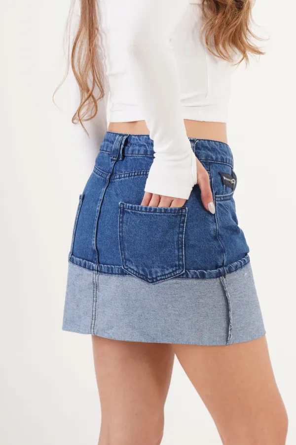 Ucu Katlama Detaylı Mavi Mini Denim Etek