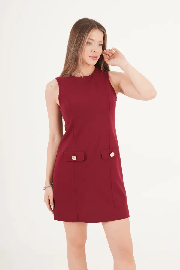 Belden Oturtmalı Ön Dikişli Bordo Toptan Mini Elbise