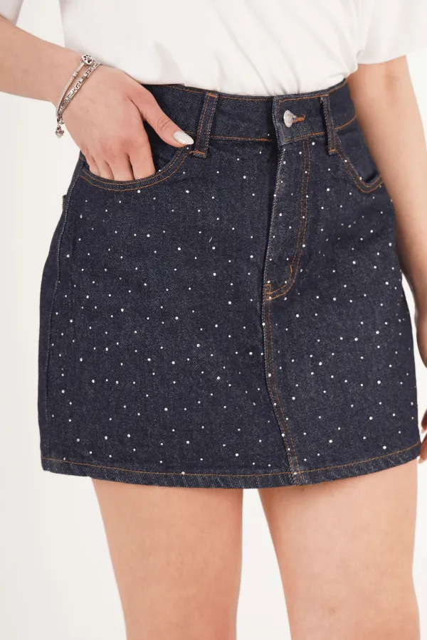 Taş İşlemeli Işıltılı Koyu Kot Toptan Mini Denim Etek