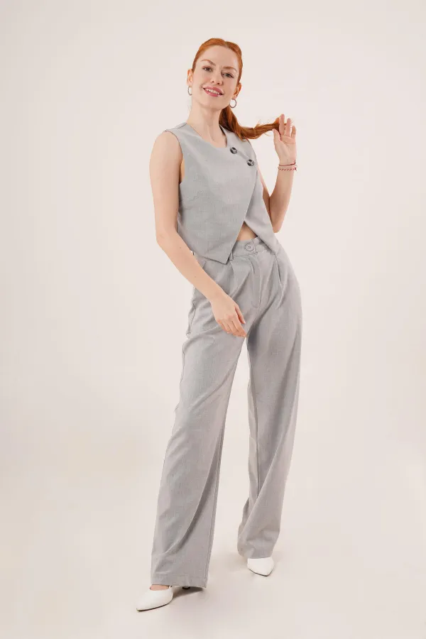 Çift Düğmeli Çapraz Model Gri Toptan Yelek