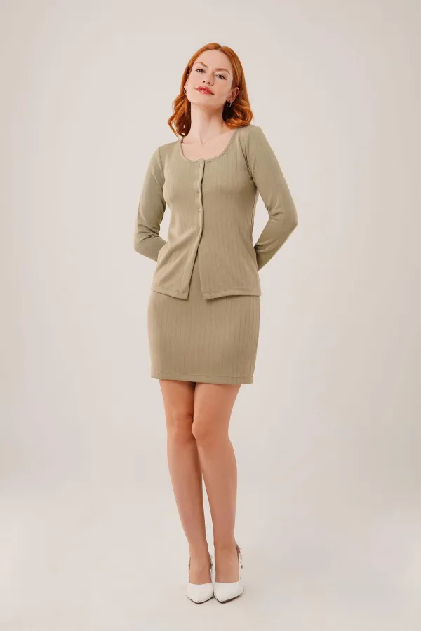 Çizgili Etek Düğmeli Bluz Toptan Haki Takım