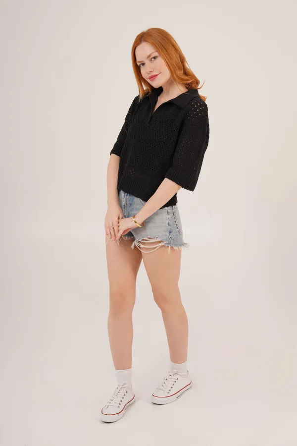 Chemisier noir ajouré à col polo en gros